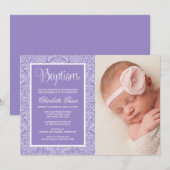 Paars Damask Girl Foto Baptism Christening Kaart (Voorkant / Achterkant)