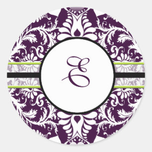 Paars Damask Initiaal Sticker Letter E Wedding