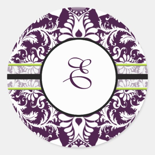 Paars Damask Initiaal Sticker Letter E Wedding (Voorkant)
