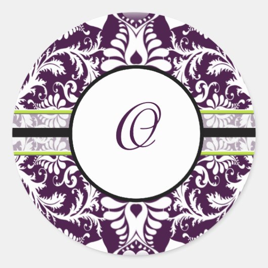 Paars Damask Initiaal Sticker Letter of Wedding (Voorkant)
