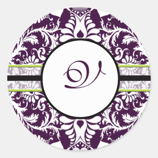 Paars Damask Initiaal Sticker Letter V Wedding (Voorkant)