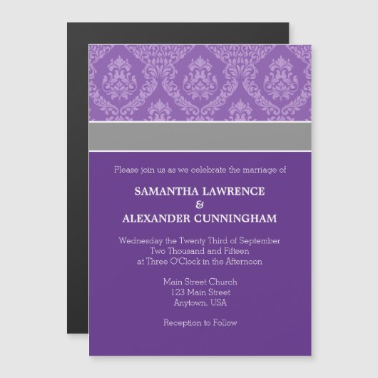Paars Damask Magnetic Wedding Invitation Magnetische Uitnodiging (Voorkant / Achterkant)