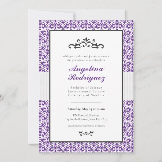 Paars Damask Pattern Foto Afstuderen Kaart (Voorkant)