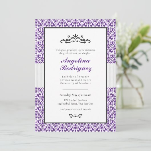 Paars Damask Pattern Foto Afstuderen Kaart (Staand voorkant)