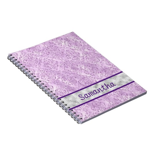 Paars Damask Silver Monogram Notitieboek (Rechterzijde)