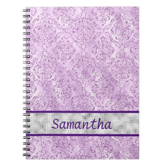 Paars Damask Silver Monogram Notitieboek (Voorkant)