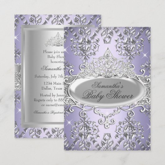 Paars Damask Tiara Prinses Baby shower Invite Kaart (Voorkant / Achterkant)