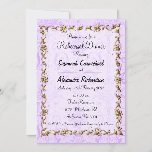  Paars Damask Wedding Rehearsal Kaart (Voorkant)