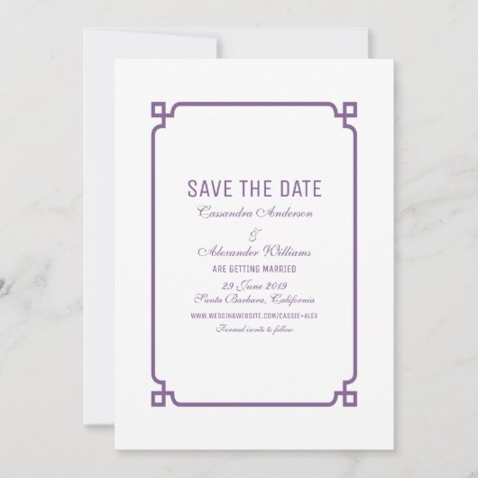 Paars Deco Chic Save the Date Uitnodiging (Voorkant)