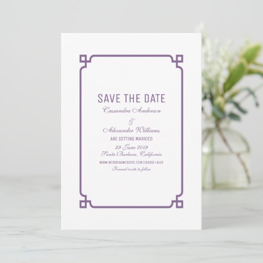 Paars Deco Chic Save the Date Uitnodiging (Staand voorkant)