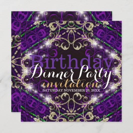Paars decor Sparkle Birthday Dinner Party nodigt u Kaart (Voorkant / Achterkant)