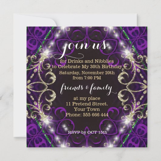 Paars decor Sparkle Birthday Dinner Party nodigt u Kaart (Achterkant)