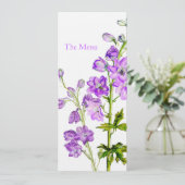 Paars-delphinium-trouwdiner Menu (Staand voorkant)