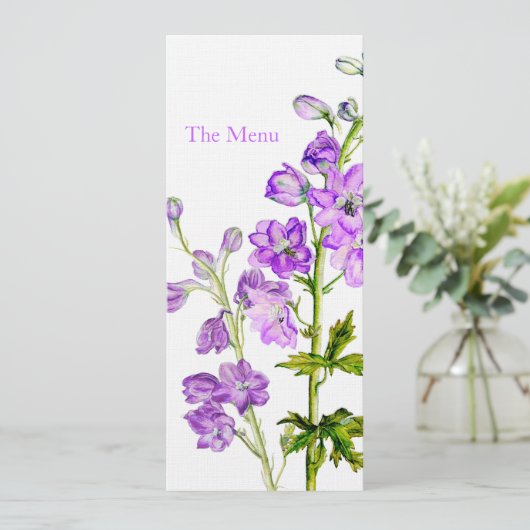 Paars-delphinium-trouwdiner Menu (Staand voorkant)