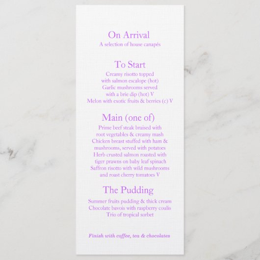 Paars-delphinium-trouwdiner Menu (Achterkant)