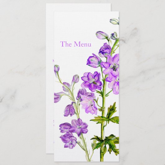 Paars-delphinium-trouwdiner Menu (Voorkant / Achterkant)