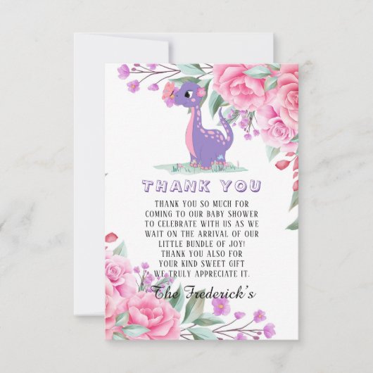 Paars Dinosaur Girl Baby shower Bedankt voor je ka (Voorkant)