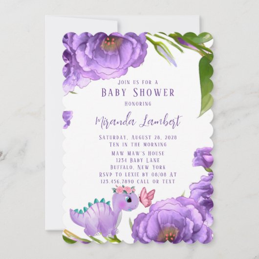 Paars Dinosaur Peony Butterfly Girl Baby shower Kaart (Voorkant)