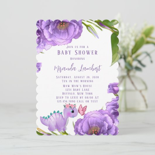 Paars Dinosaur Peony Butterfly Girl Baby shower Kaart (Staand voorkant)