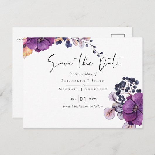 Paars Donker Bloemrijk Budget Bruiloft Data Vastle Briefkaart (Voorkant / Achterkant)