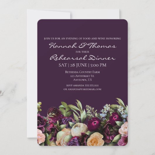 Paars donker Moody Elegant Floral repesal Dinner Kaart (Voorkant)