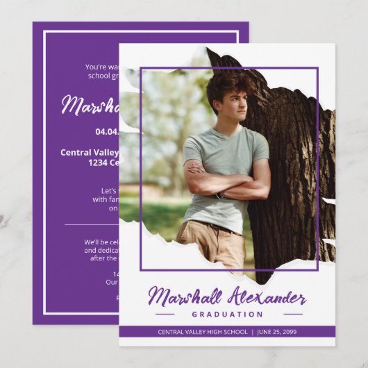 Paars Edgy Abstract Torn Foto Afstuderen Kaart (Voorkant / Achterkant)