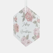 Paar's eerste kerstfeest Elegant Script Pink Peony Glas Ornament (Voorkant links)