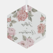 Paar's eerste kerstfeest Elegant Script Pink Peony Glas Ornament (Achterkant)