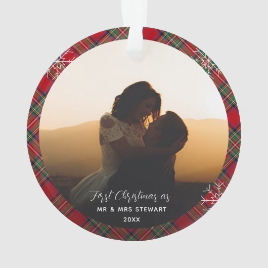Paar's Eerste Kerstmis Foto's Stewart Tartan Ornament (achterkant)