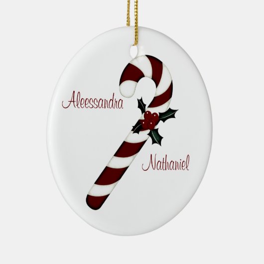 "Paar's Eerste Kerstmis" - Rood/Wit snoepriet Keramisch Ornament (Rechts)