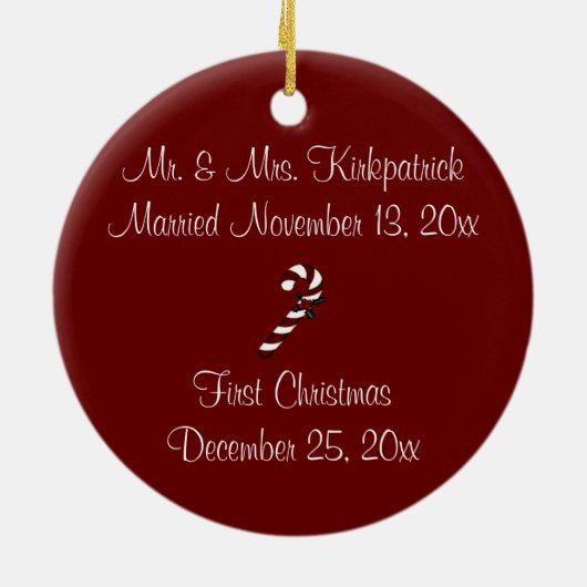 "Paar's Eerste Kerstmis" - Rood/Wit snoepriet Keramisch Ornament (Achterkant)