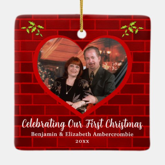 Paar's Eerste Kerstmis Rustieke Rode Baksteen Keramisch Ornament (Achterkant)