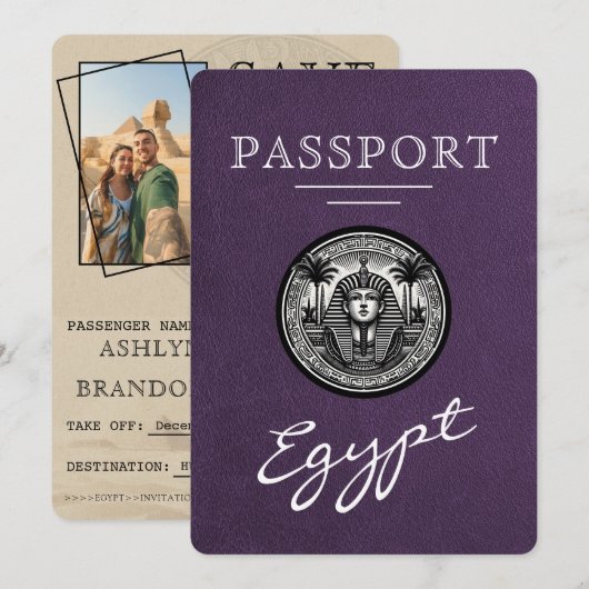 Paars Egyptisch Paspoort Trouw Save the Date (Voorkant / Achterkant)