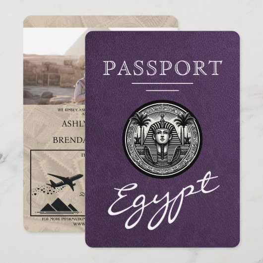 Paars Egyptisch Paspoort Trouw Uitnodiging (Voorkant / Achterkant)