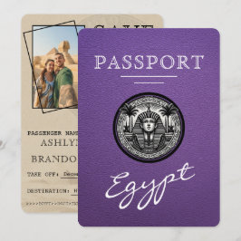 Paars Egyptisch paspoort trouwkaart Save the Date