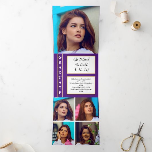 Paars Elegant Classy 8 Foto Afstuderen Drieluik Aankondiging (Binnen)