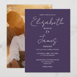 Paars Elegant Minimalistisch Script Foto Bruiloft Kaart