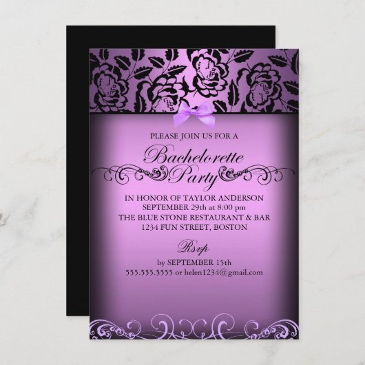 Paars Elegant Roos Bachelorette Party Invite Kaart (Voorkant / Achterkant)