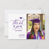 Paars Elegant Script Photo Minimalist Afstuderen Bedankkaart (Voorkant)