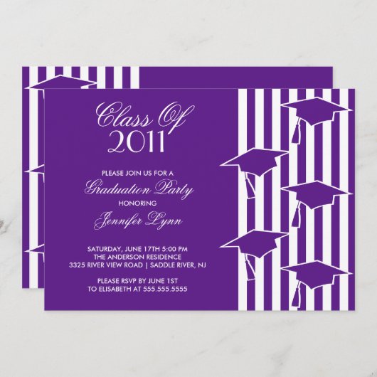Paars en Afstudeerder Petten Afstuderen Uitnodigin Kaart (Voorkant / Achterkant)