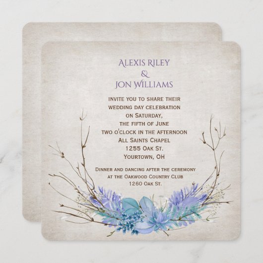 paars en aqua bruiloft twig bouquet op textuur kaart (Voorkant / Achterkant)