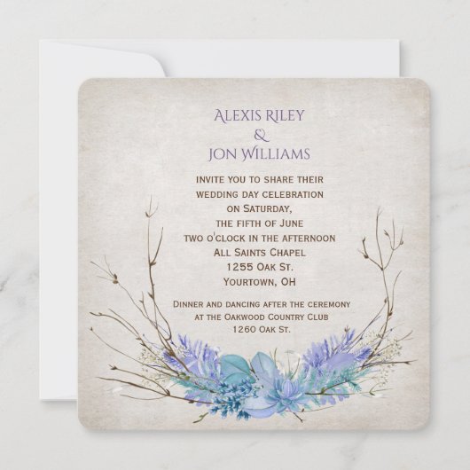 paars en aqua bruiloft twig bouquet op textuur kaart (Voorkant)