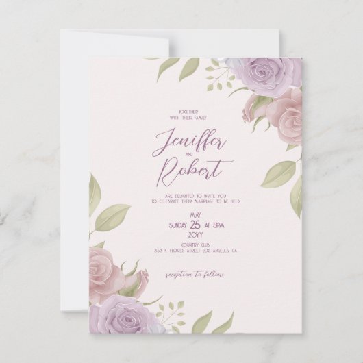Paars en beige rozen bruiloft lijst uitnodigen bedankkaart (Voorkant)