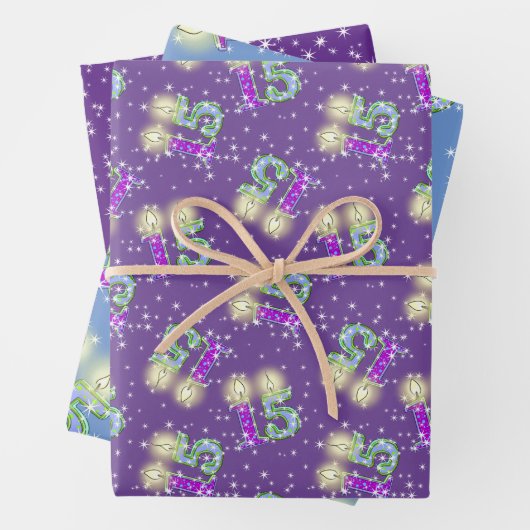 Paars en blauw 15e Birthday Wrapping Paper (In situ)
