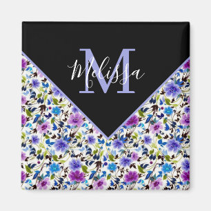 Paars en blauw bloemmotief gepersonaliseerd magneet