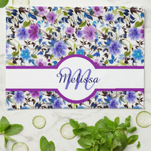 Paars en blauw bloemmotief gepersonaliseerd theedoek