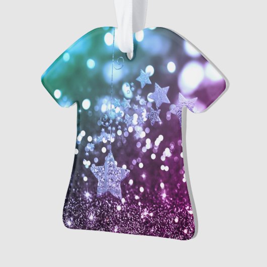 Paars en blauw Bokeh Faux Glitter & Stars Ornament (voorkant)