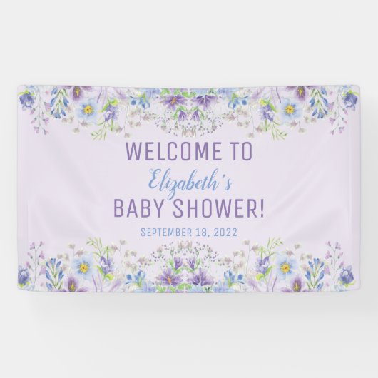 Paars en blauw, Floral Baby Boy Shower Spandoek (Horizontaal)