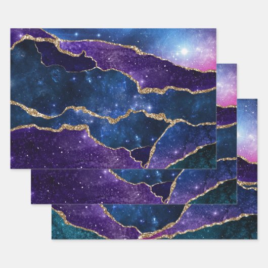 Paars en blauw galaxy Agate met faux gold glitter Inpakpapier Vel (Set)