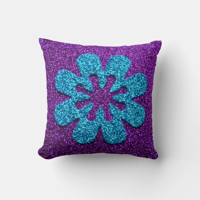 Paars en blauw Glitter Retro Flower Kussen (Voorkant)